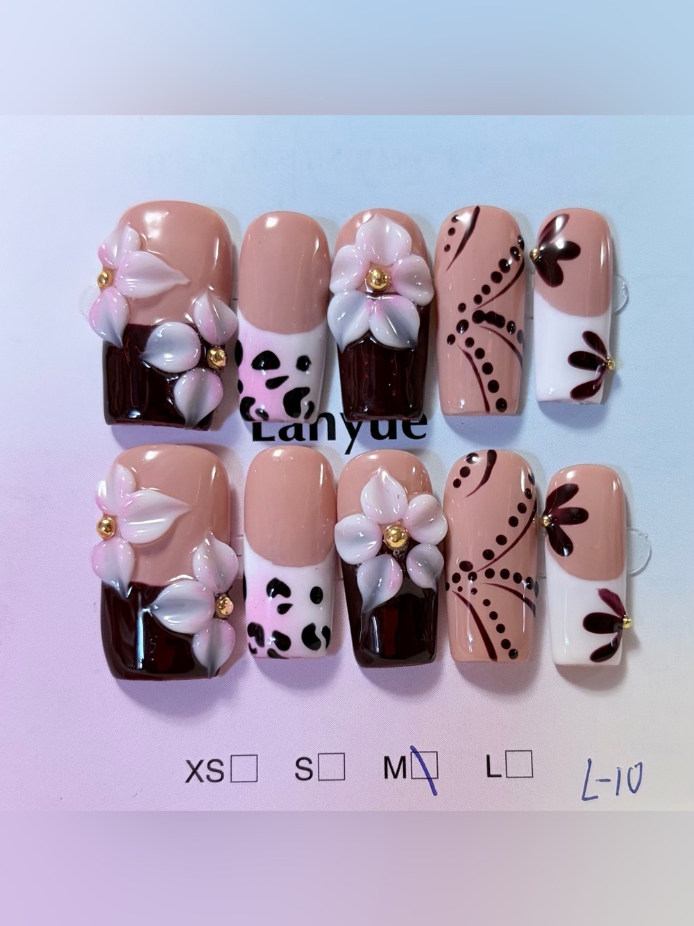 Nude Pink & Brown Floral 3D False Nail Set